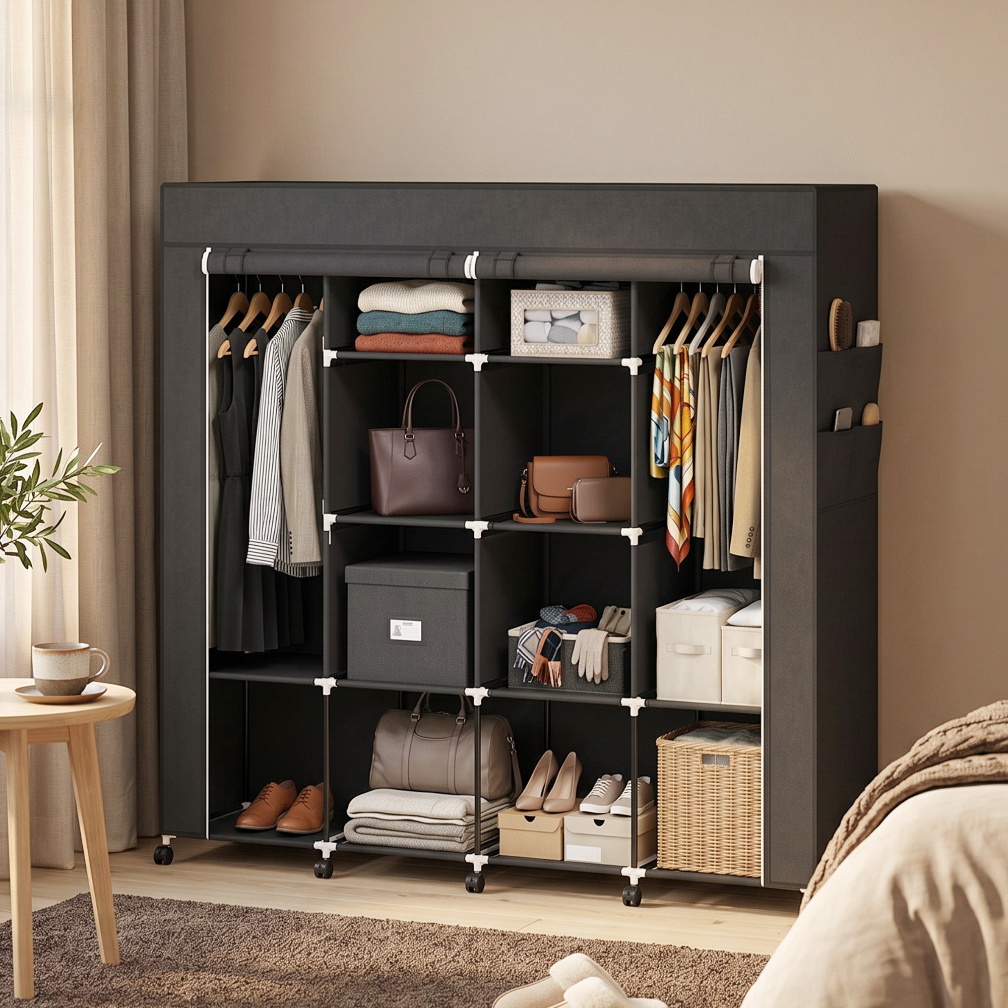 Armoire penderie en tissu, meuble de rangement mobile 10 roulettes avec 10 compartiments, barres de suspension, noir