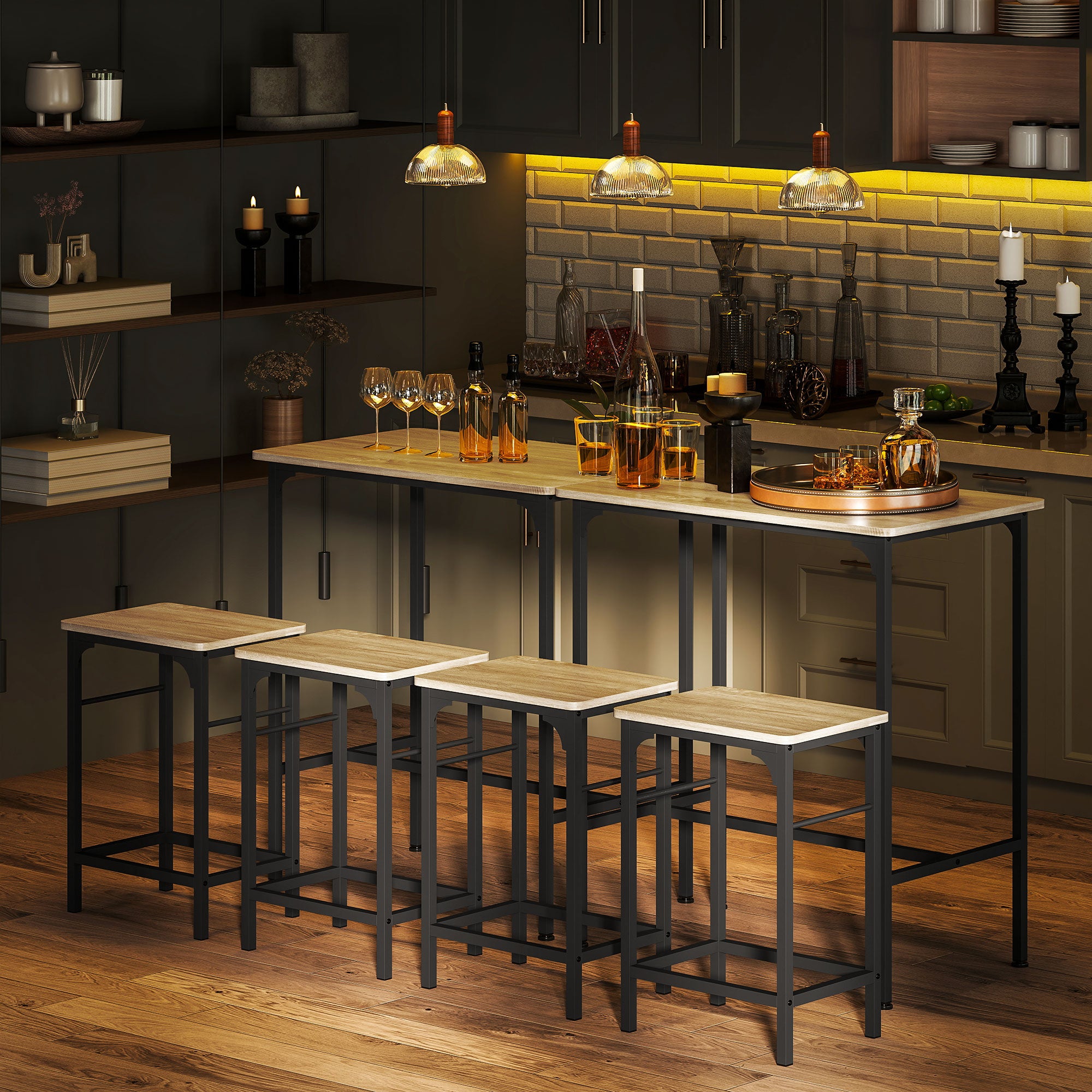 Ensemble table de bar avec 2 tabourets, cadre en acier pour cuisine, salle à manger et salon, effet bois naturel