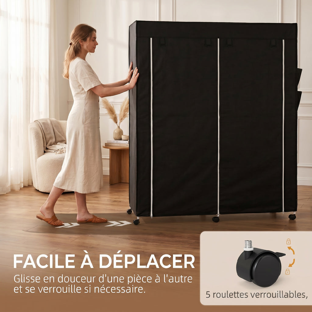 Armoire penderie en tissu, meuble de rangement mobile 10 roulettes avec 10 compartiments, barres de suspension, noir