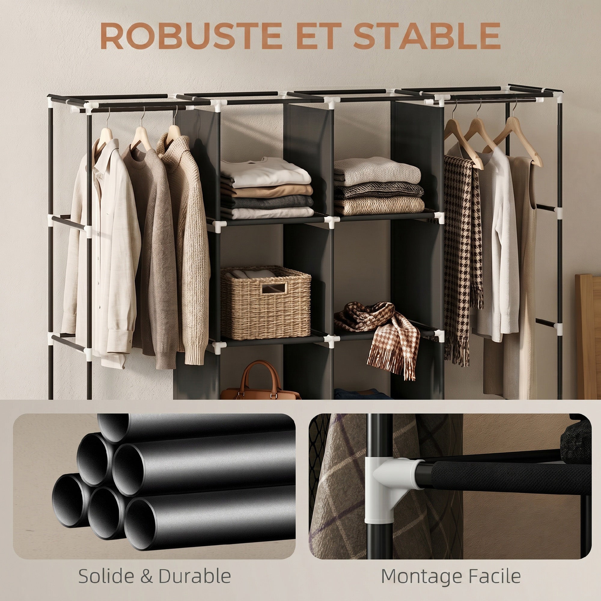 Armoire penderie en tissu, meuble de rangement mobile 10 roulettes avec 10 compartiments, barres de suspension, noir
