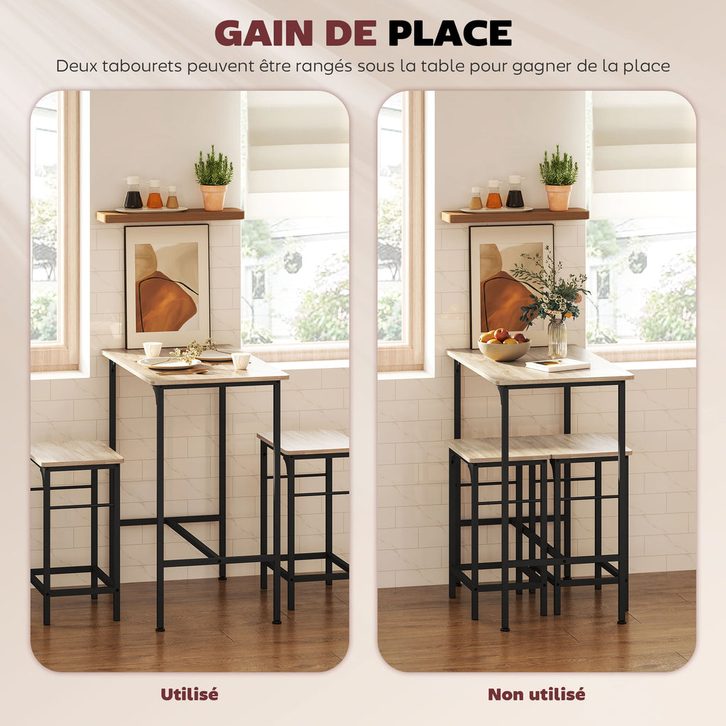 Ensemble table de bar avec 2 tabourets, cadre en acier pour cuisine, salle à manger et salon, effet bois naturel