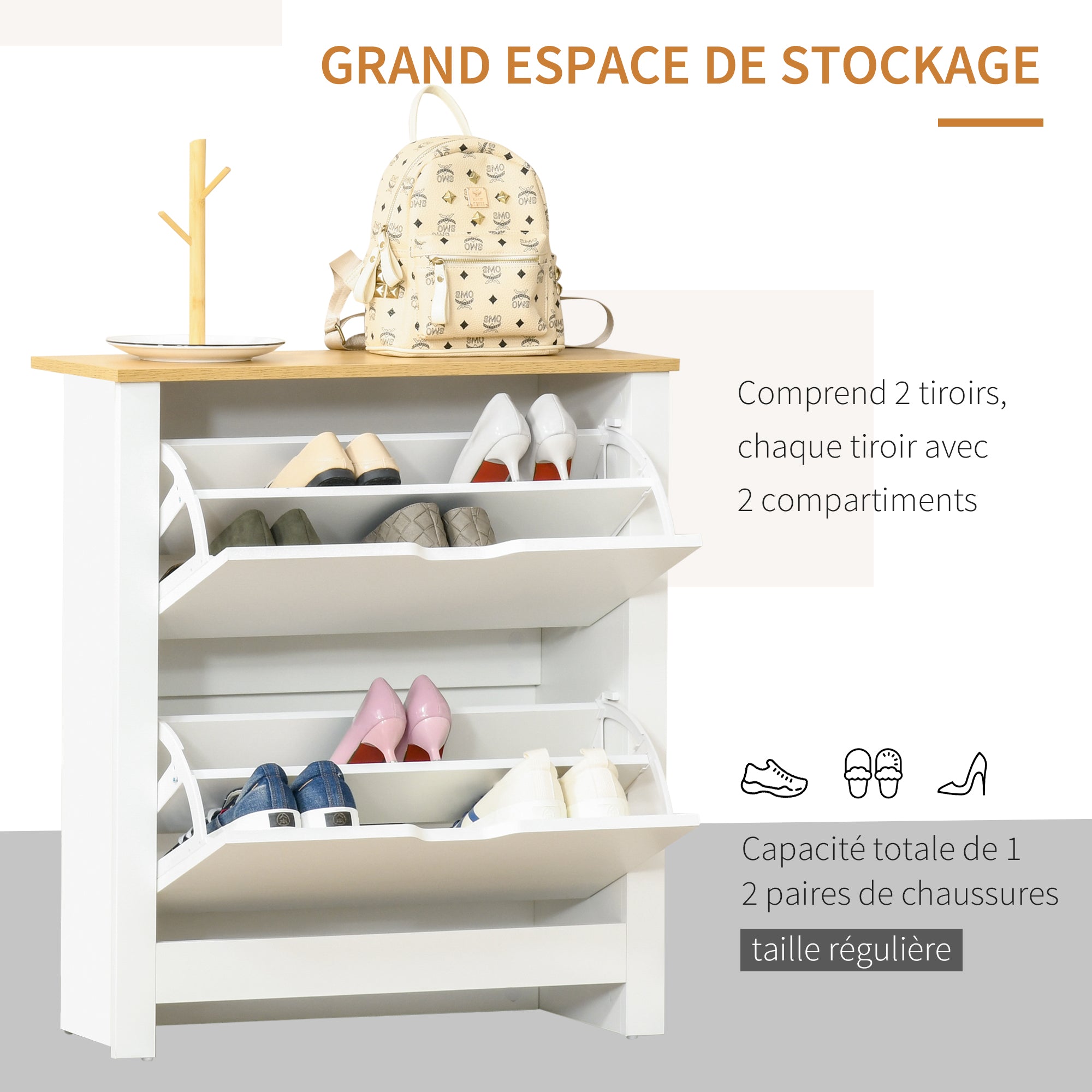 Meuble à chaussures 12 paires, armoire à chaussures étroite avec 2 tiroirs rabattables et étagères réglables, style moderne, pour couloir, entrée, 72 x 26 x 80 cm, blanc et bois naturel