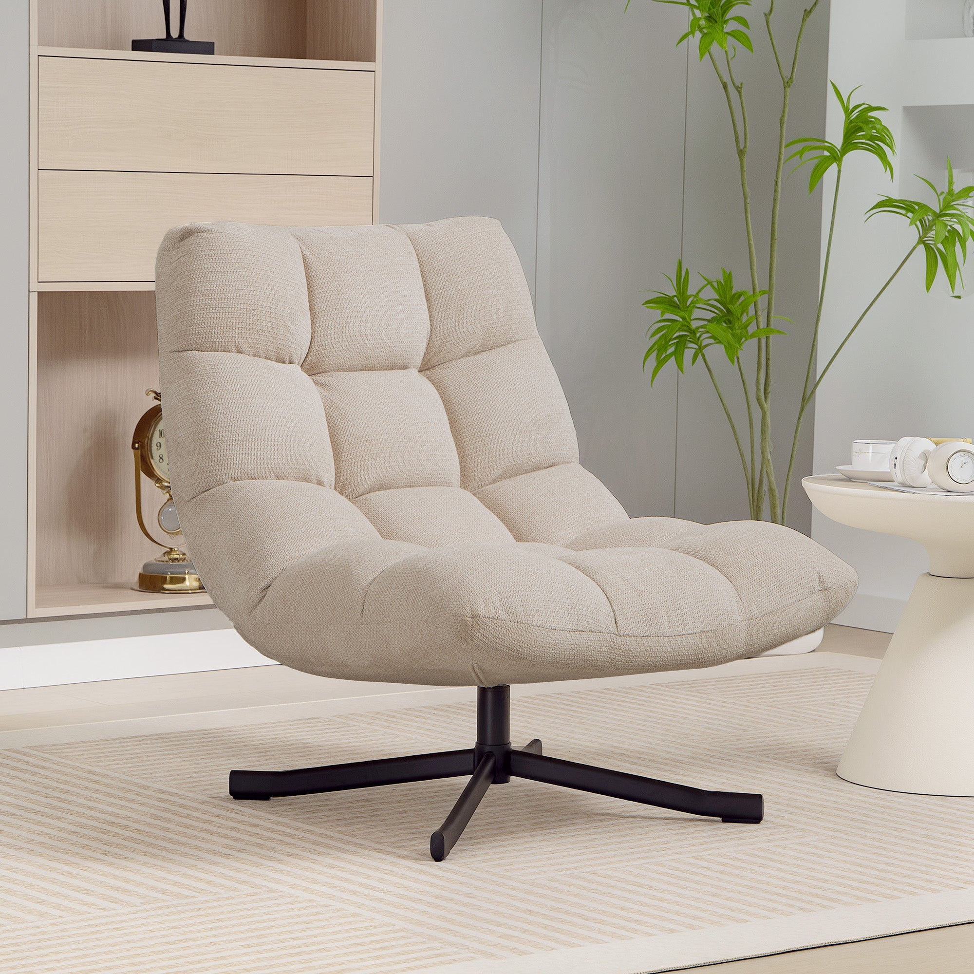 Fauteuil Salon sans Accoudoirs, Chaise Pivotante en Tissu Chenille, Assise Large, 75 x 95 x 90 cm, Crème