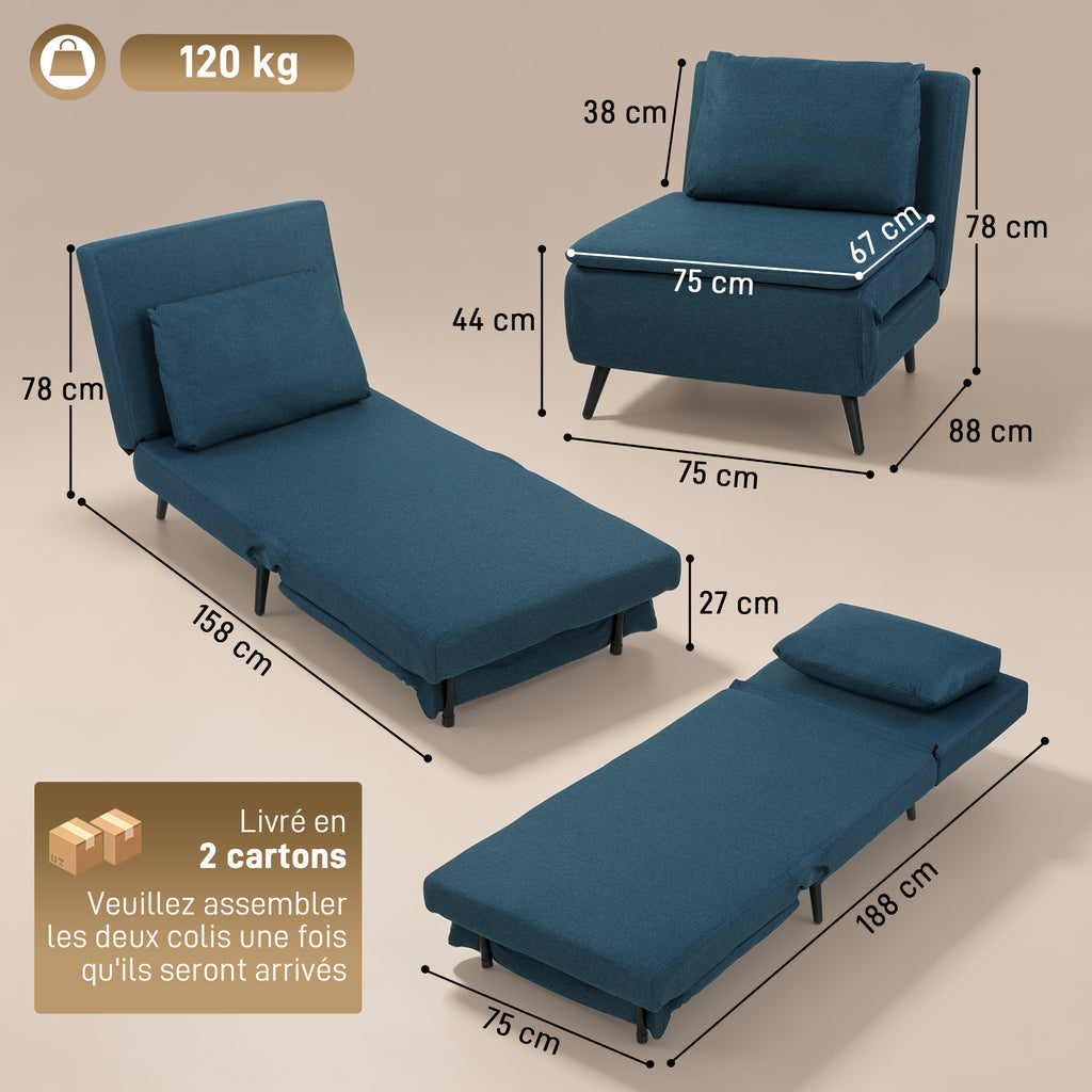 Fauteuil Convertible 1 Place, Fauteuil-Lit Clic-Clac 3 en 1 avec Dossier Réglable, Oreiller, Assise Large, Bleu