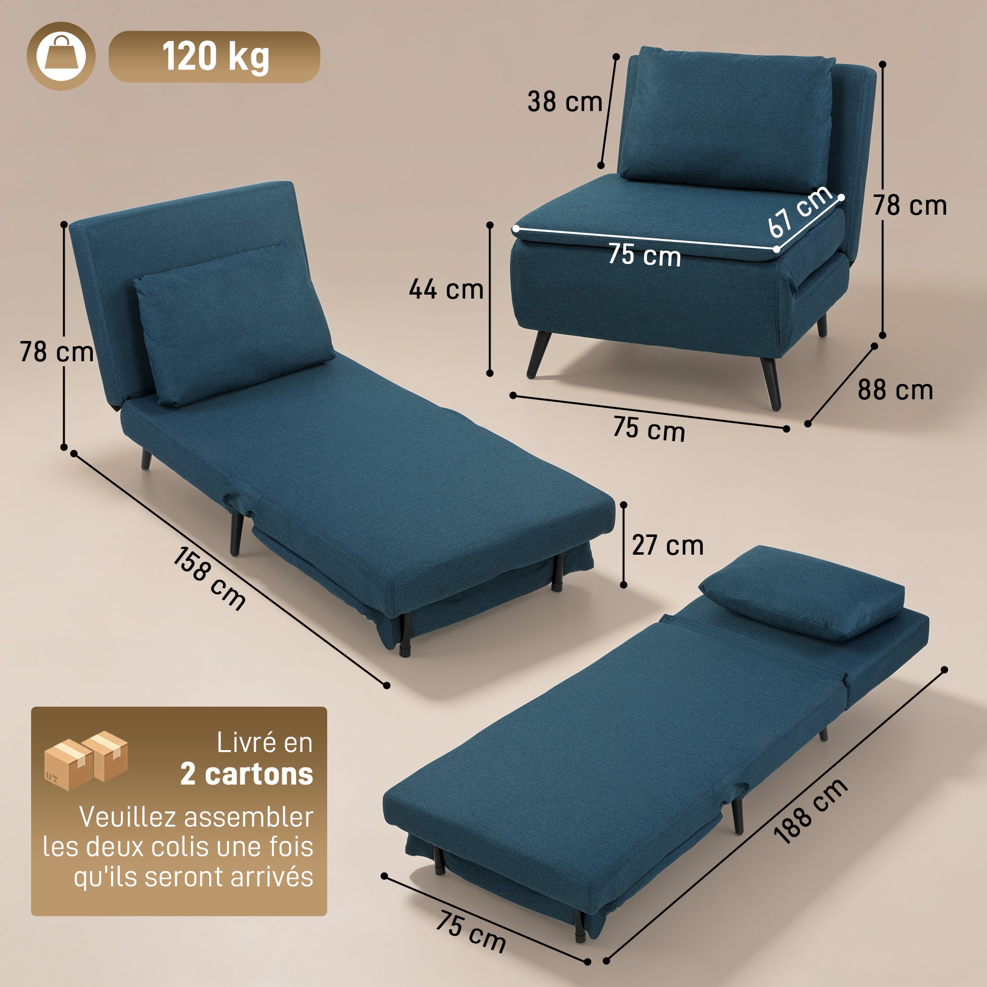 Fauteuil Convertible 1 Place, Fauteuil-Lit Clic-Clac 3 en 1 avec Dossier Réglable, Oreiller, Assise Large, Bleu