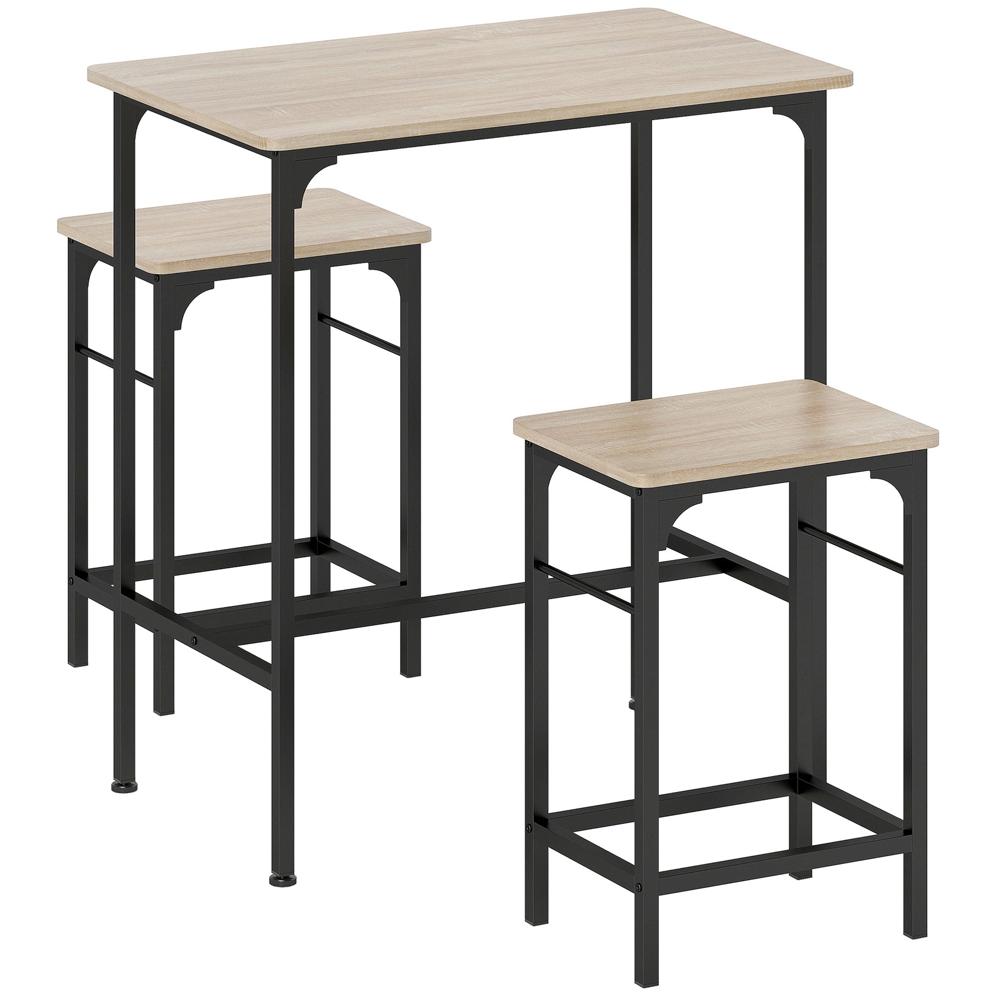 Ensemble table de bar avec 2 tabourets, cadre en acier pour cuisine, salle à manger et salon, effet bois naturel