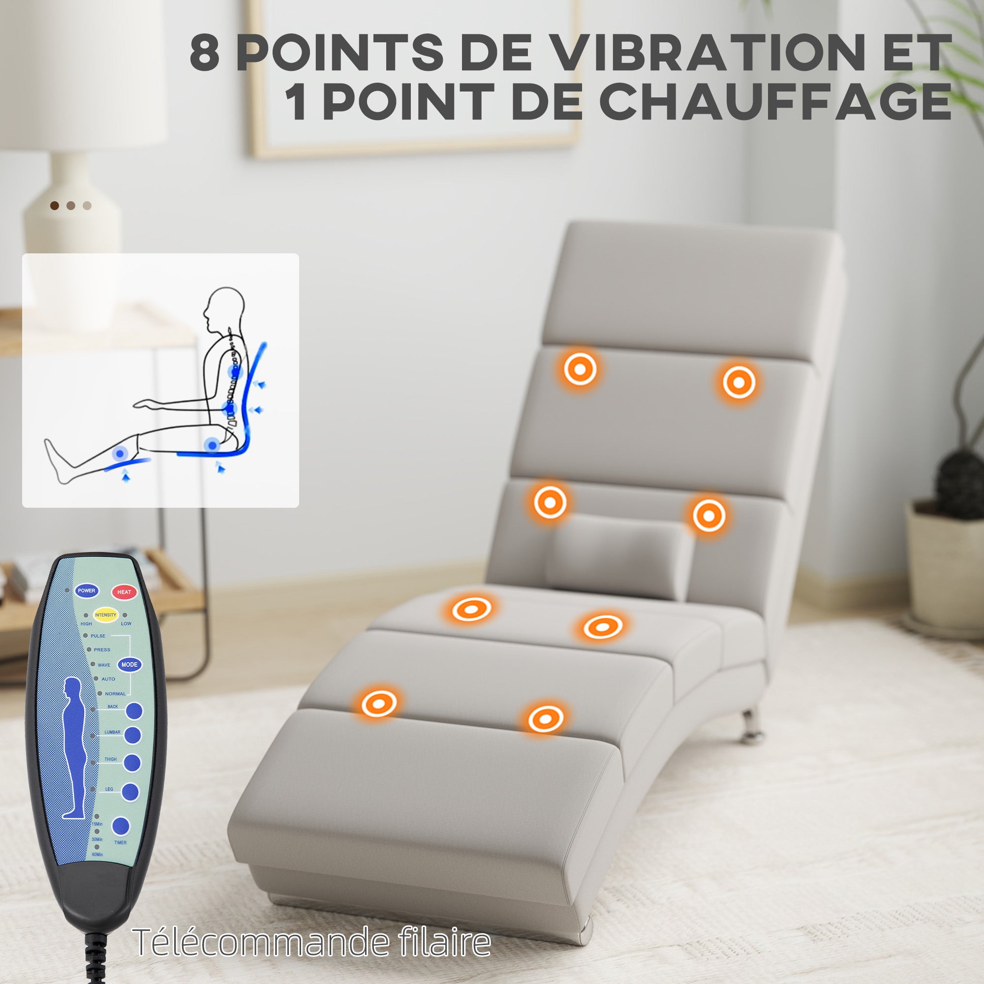 Fauteuil relax salon fauteuil de massage et chauffage meridienne avec télécommande et oreiller, tissu effet lin, crème