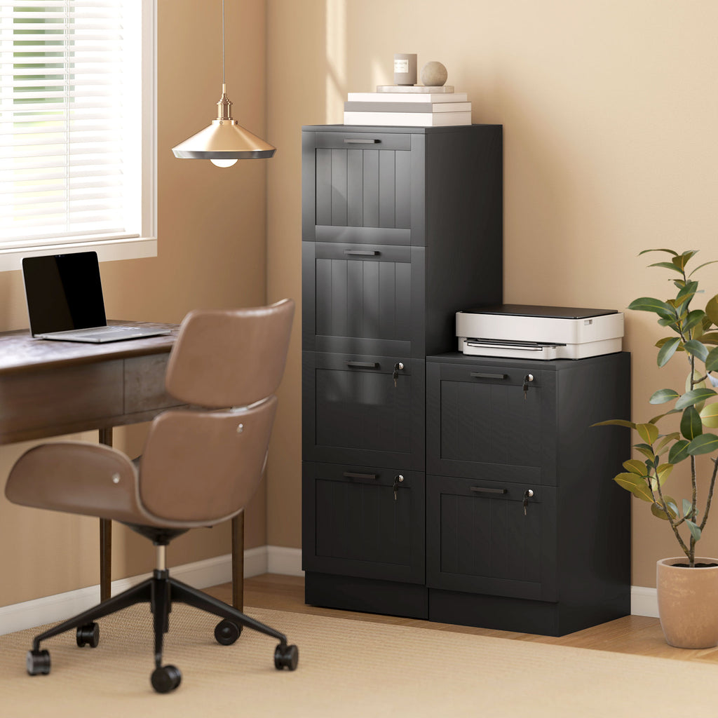 Caisson bureau, meuble rangement bois 4 tiroirs et serrure, barres de suspension réglables, 40 x 40 x 131 cm, noir