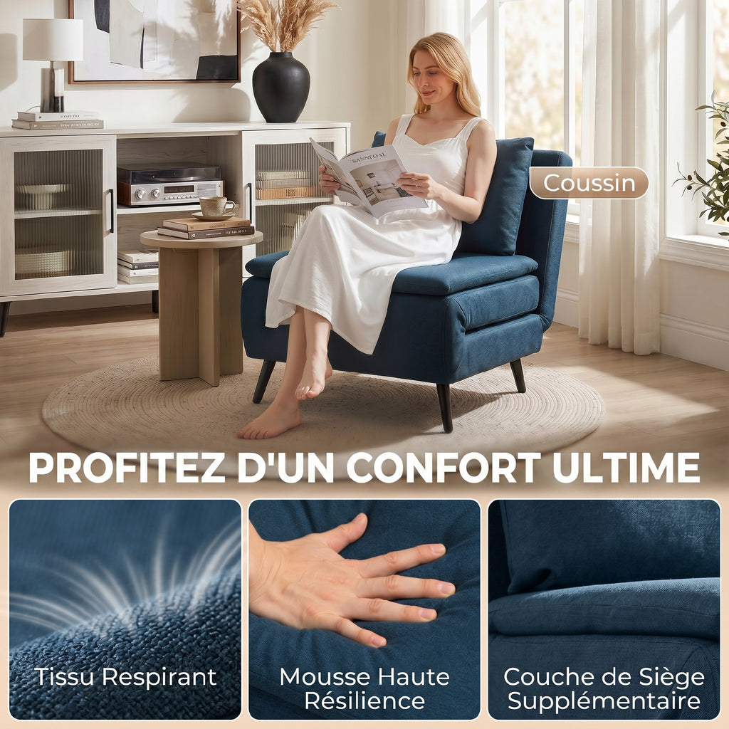 Fauteuil Convertible 1 Place, Fauteuil-Lit Clic-Clac 3 en 1 avec Dossier Réglable, Oreiller, Assise Large, Bleu