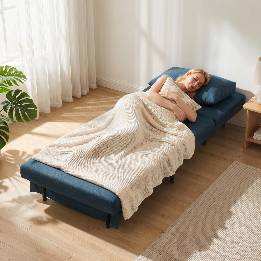 Fauteuil Convertible 1 Place, Fauteuil-Lit Clic-Clac 3 en 1 avec Dossier Réglable, Oreiller, Assise Large, Bleu