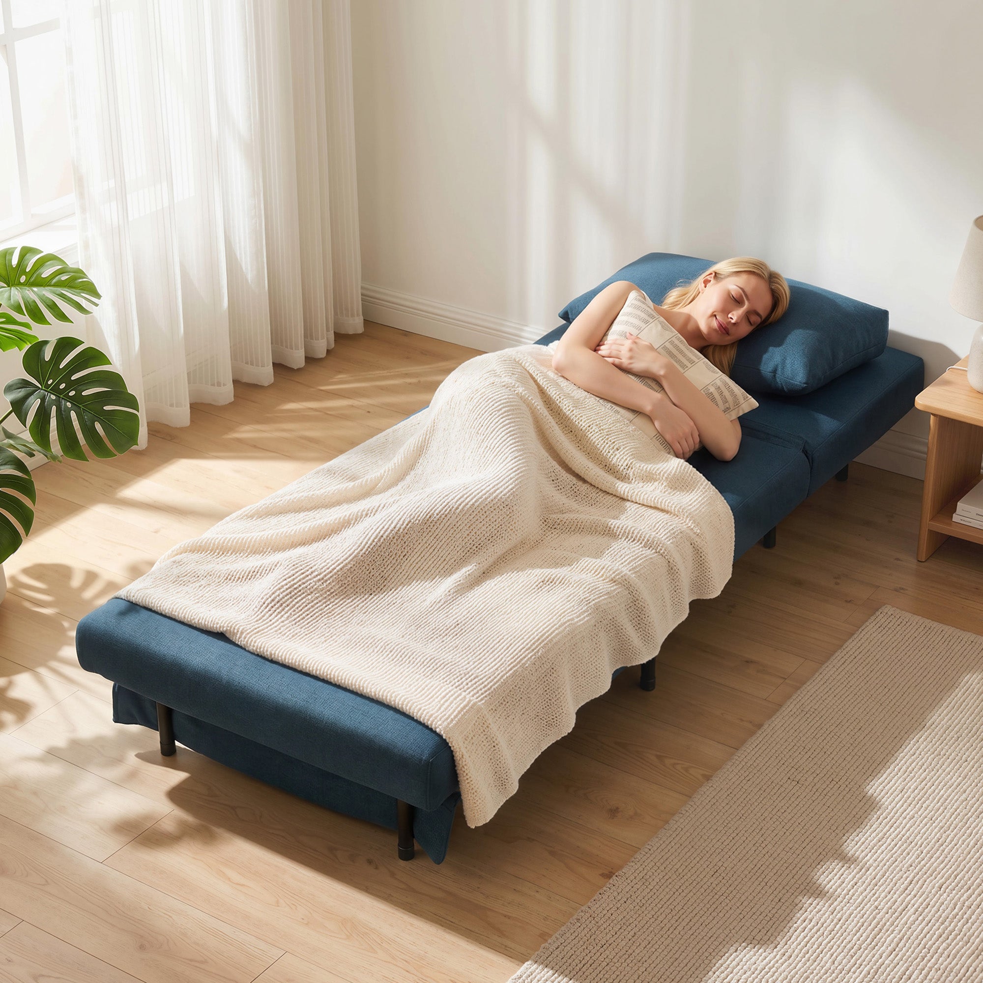 Fauteuil Convertible 1 Place, Fauteuil-Lit Clic-Clac 3 en 1 avec Dossier Réglable, Oreiller, Assise Large, Bleu