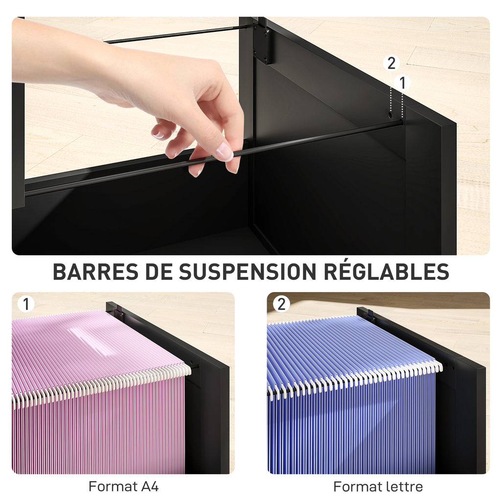 Caisson bureau, meuble rangement bois 4 tiroirs et serrure, barres de suspension réglables, 40 x 40 x 131 cm, noir