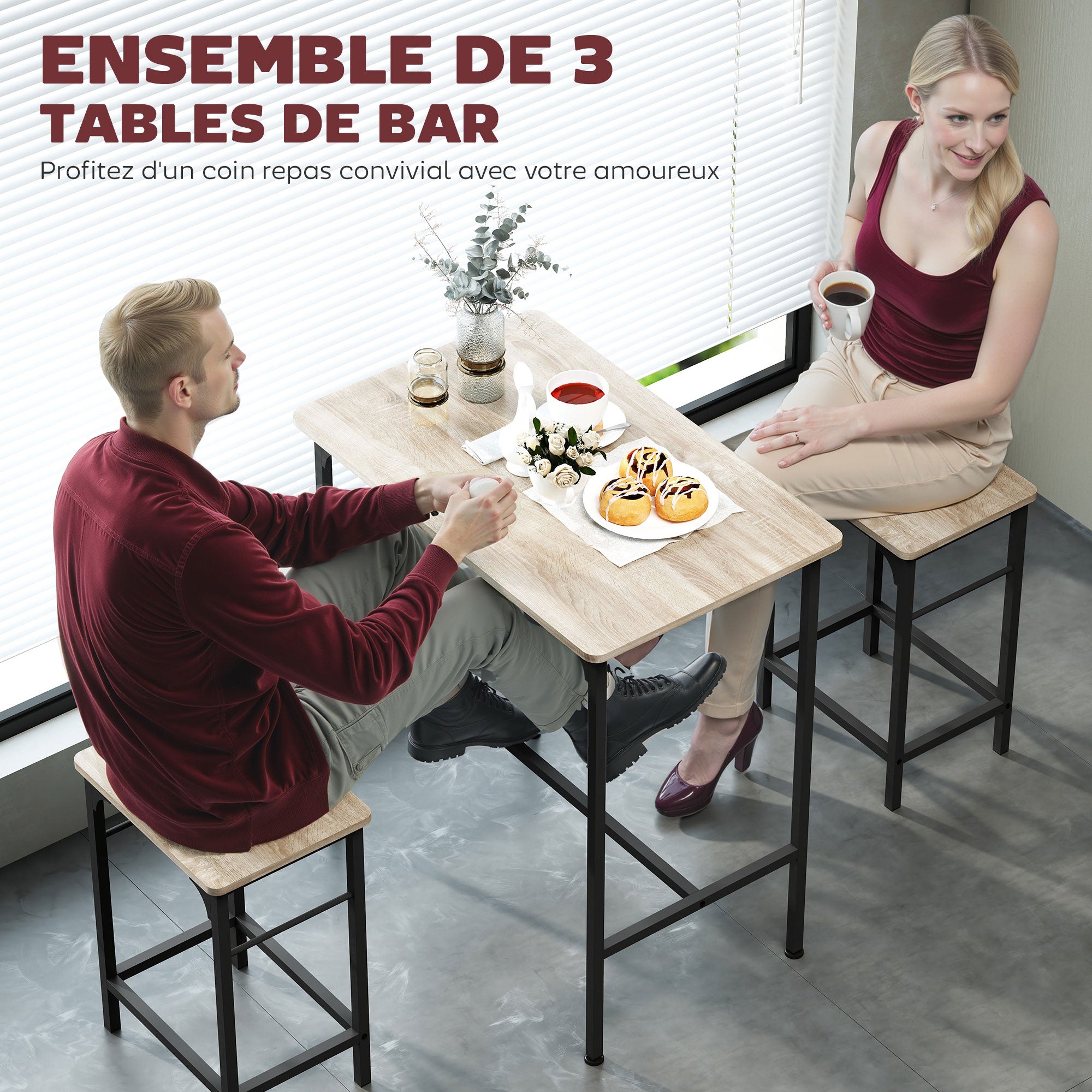 Ensemble table de bar avec 2 tabourets, cadre en acier pour cuisine, salle à manger et salon, effet bois naturel