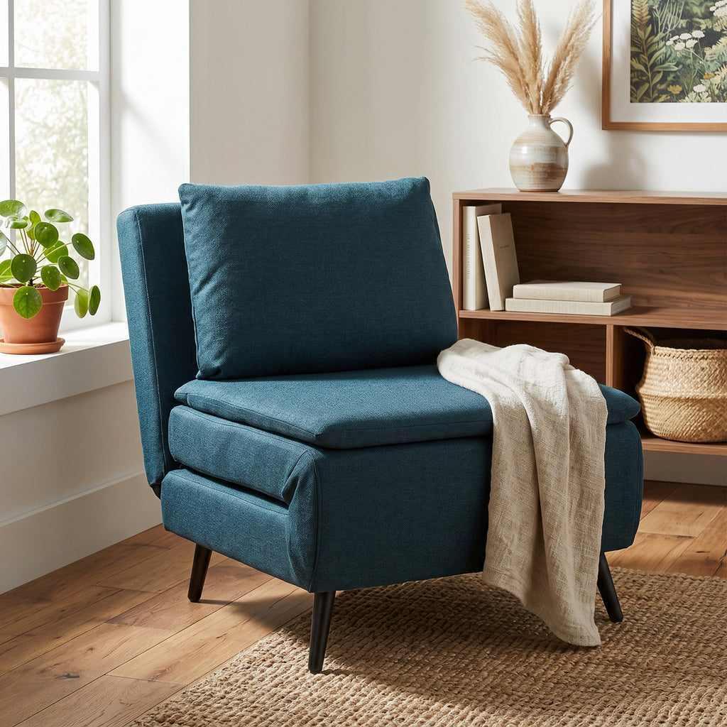 Fauteuil Convertible 1 Place, Fauteuil-Lit Clic-Clac 3 en 1 avec Dossier Réglable, Oreiller, Assise Large, Bleu