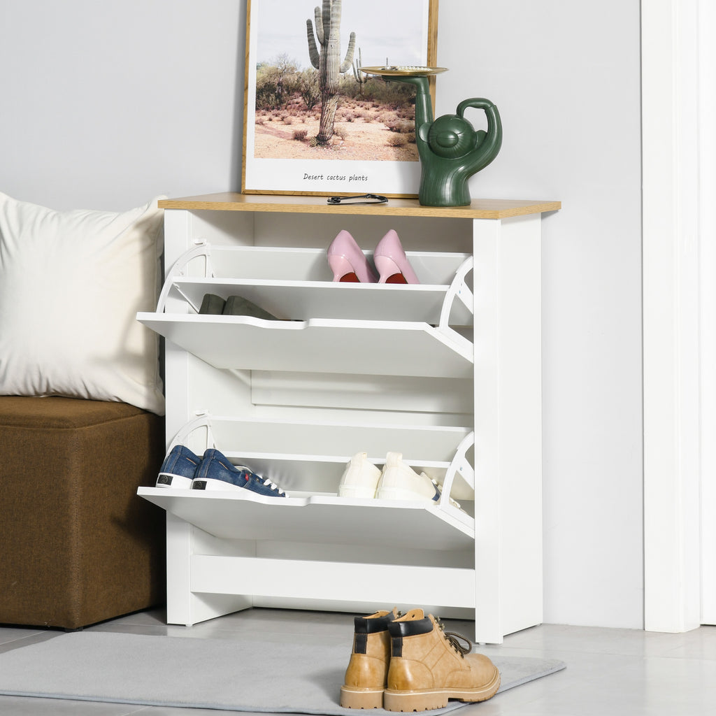 Meuble à chaussures 12 paires, armoire à chaussures étroite avec 2 tiroirs rabattables et étagères réglables, style moderne, pour couloir, entrée, 72 x 26 x 80 cm, blanc et bois naturel