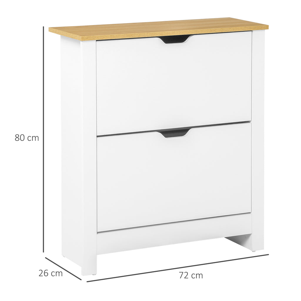 Meuble à chaussures 12 paires, armoire à chaussures étroite avec 2 tiroirs rabattables et étagères réglables, style moderne, pour couloir, entrée, 72 x 26 x 80 cm, blanc et bois naturel