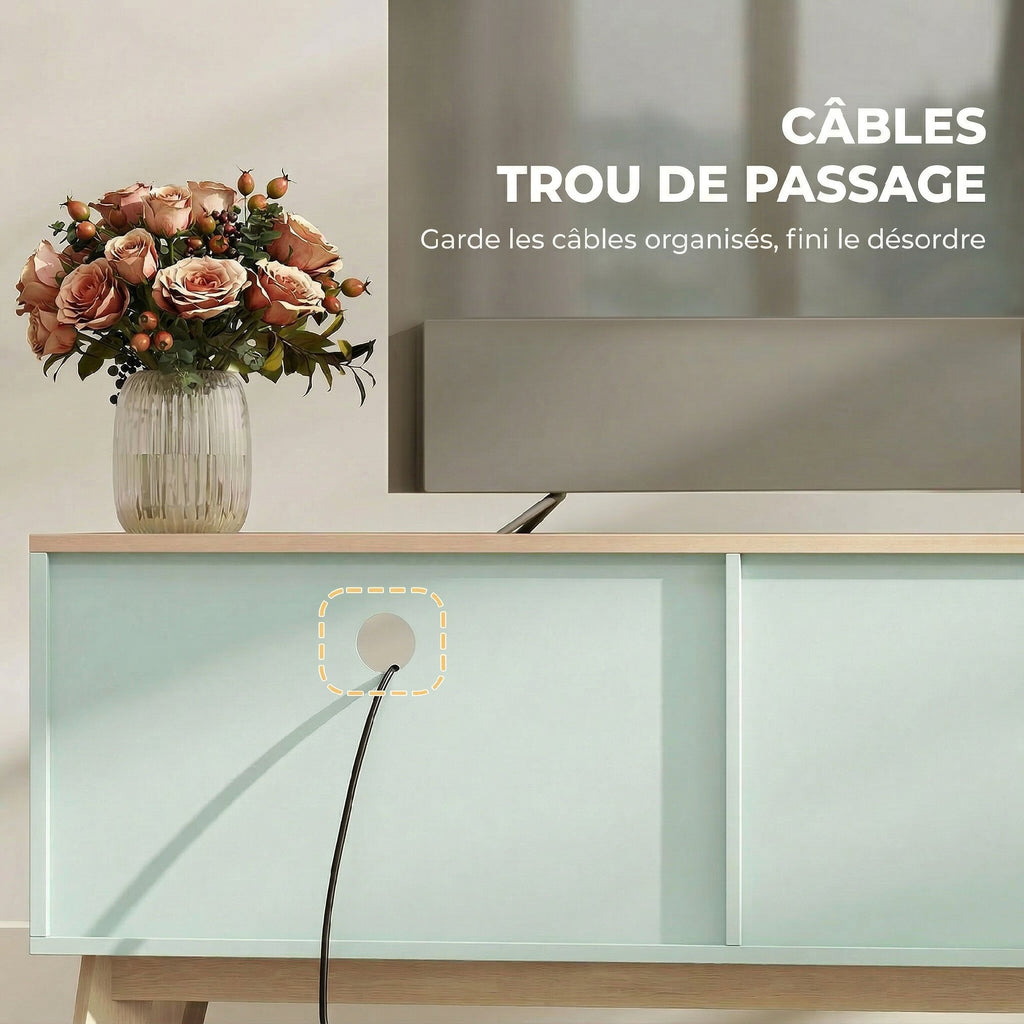 Meuble TV 120 cm, meuble télé pour téléviseur jusqu'à 36 pouces avec 2 portes, tiroir, compartiment ouvert, vert clair
