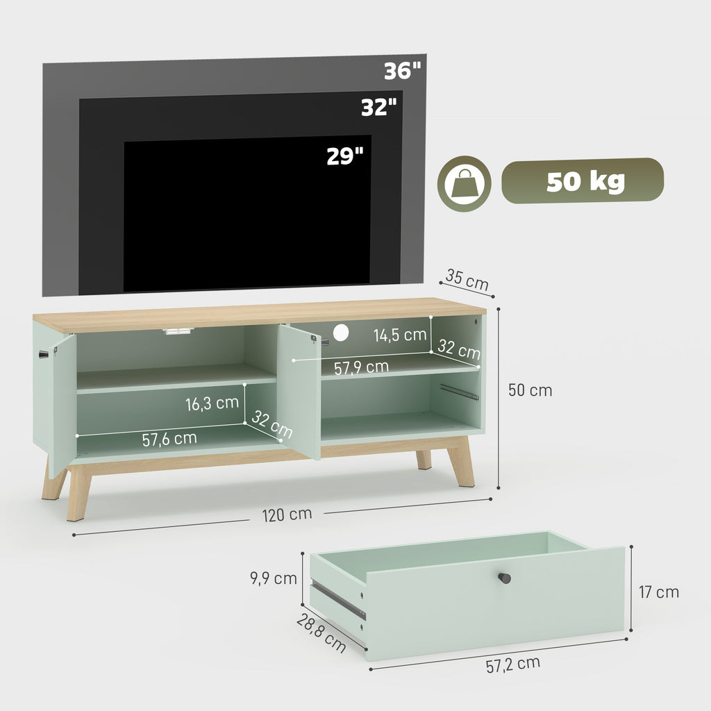 Meuble TV 120 cm, meuble télé pour téléviseur jusqu'à 36 pouces avec 2 portes, tiroir, compartiment ouvert, vert clair