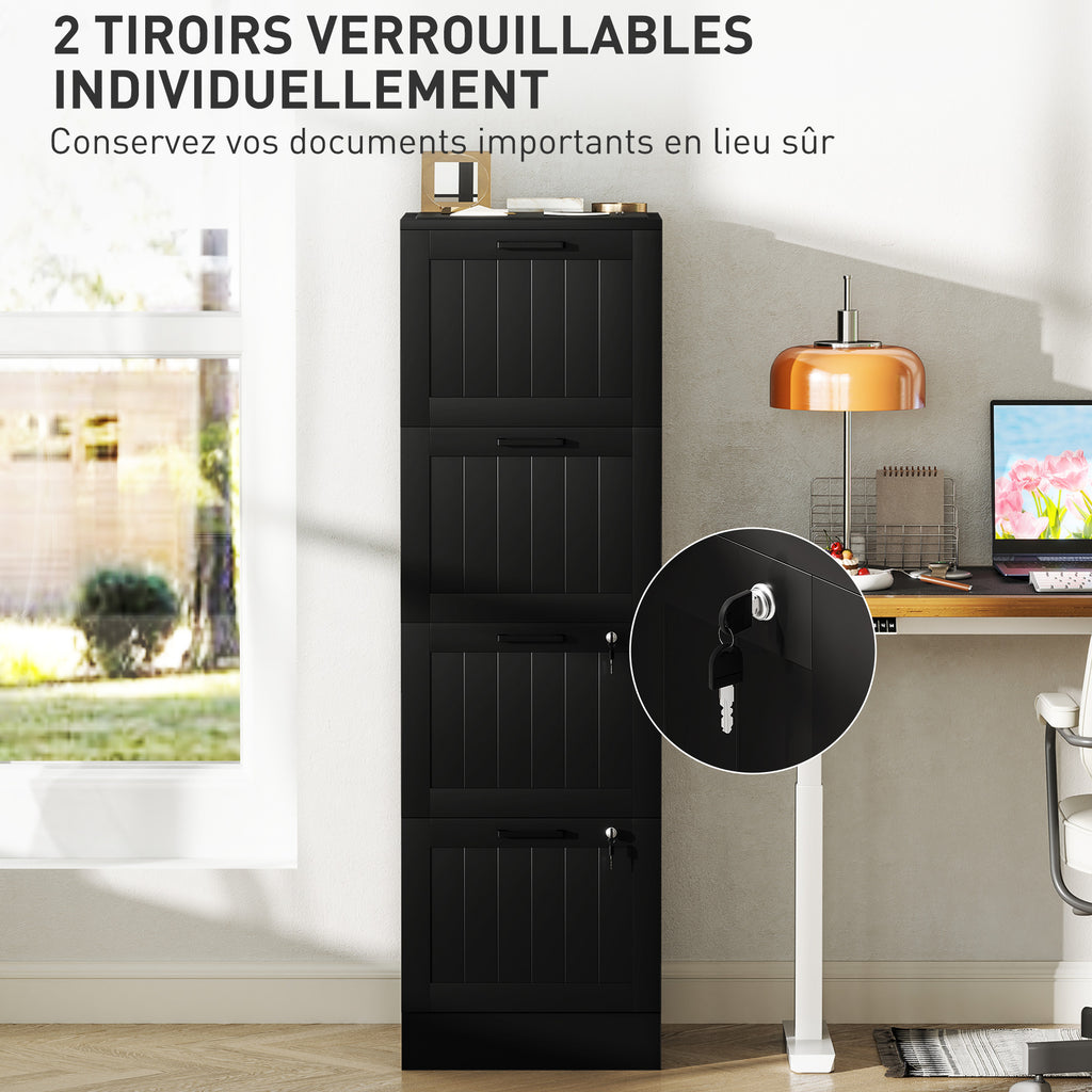 Caisson bureau, meuble rangement bois 4 tiroirs et serrure, barres de suspension réglables, 40 x 40 x 131 cm, noir