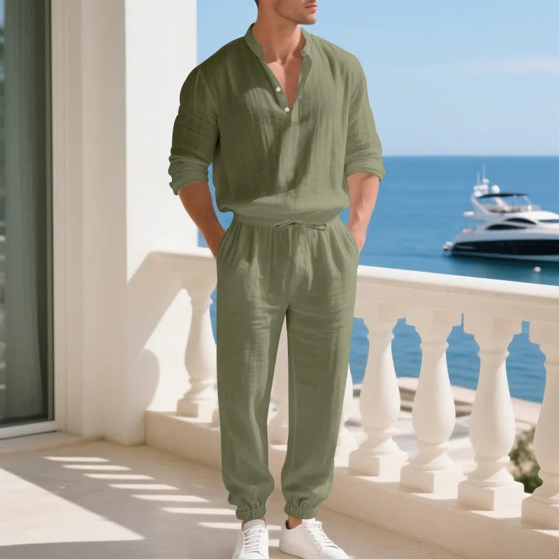 Ensemble américain en lin ample pour hommes, chemise hawaïenne fine Henry, pantalon à manches longues, pour les déplacements domicile, automne