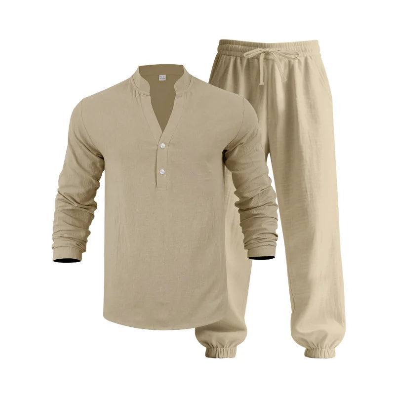 Ensemble américain en lin ample pour hommes, chemise hawaïenne fine Henry, pantalon à manches longues, pour les déplacements domicile, automne