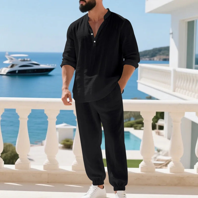 Ensemble américain en lin ample pour hommes, chemise hawaïenne fine Henry, pantalon à manches longues, pour les déplacements domicile, automne