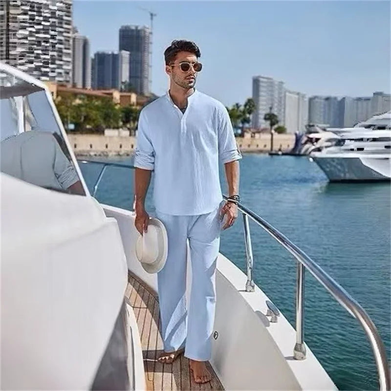 Ensemble Homme Style Yacht – Col Montant, Haut & Pantalon Ample