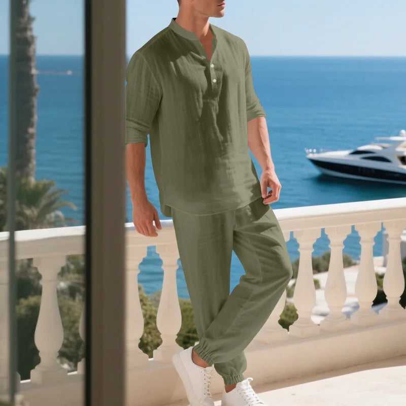 Ensemble américain en lin ample pour hommes, chemise hawaïenne fine Henry, pantalon à manches longues, pour les déplacements domicile, automne