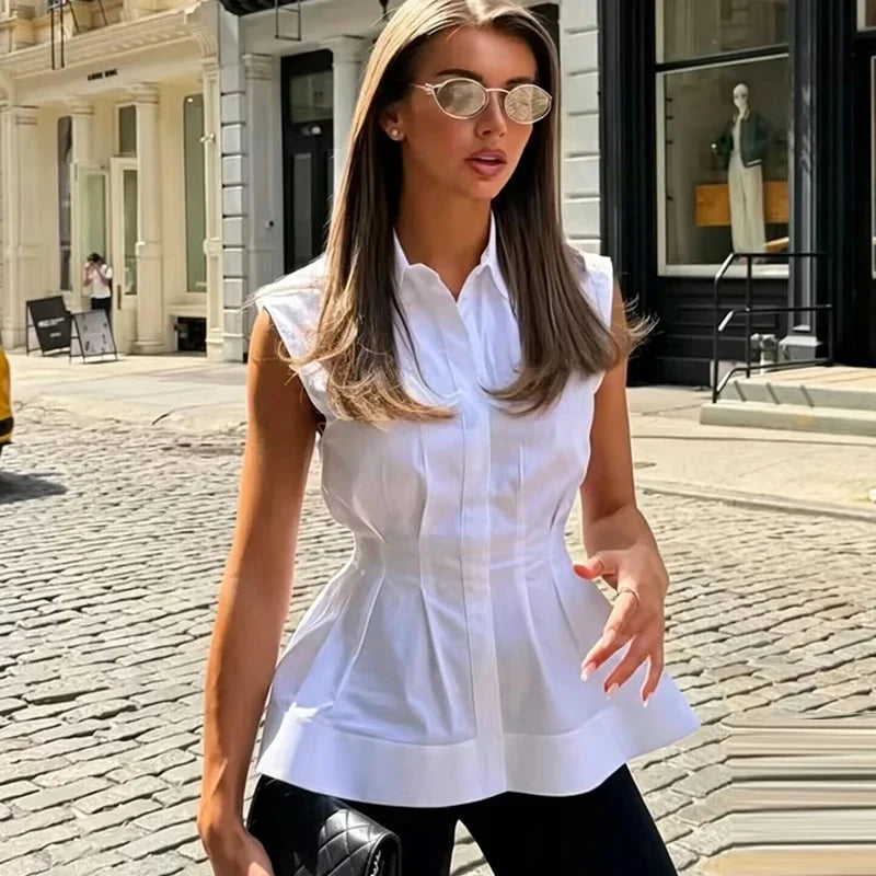 Chemisier plissé chic et élégant pour femme, sans manches, col rabattu, simple boutonnage, nouvelle collection été