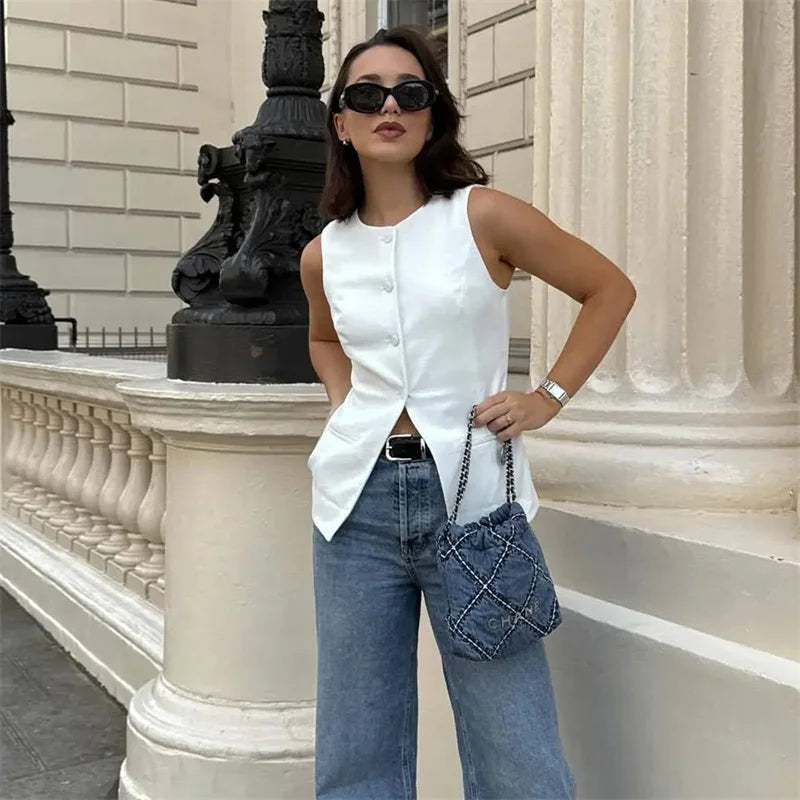 MUJER 2025 blanc gilet sans manches femmes bouton gilets d'été pour femmes veste rose gilet haut femmes Streetwear femmes gilet sur mesure