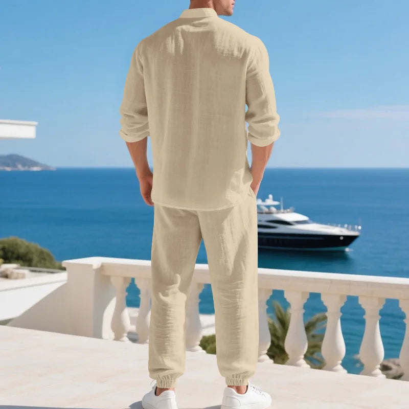 Ensemble américain en lin ample pour hommes, chemise hawaïenne fine Henry, pantalon à manches longues, pour les déplacements domicile, automne