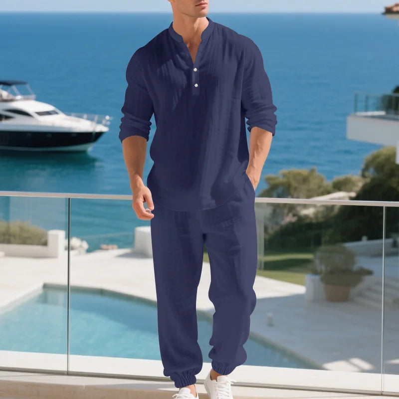 Ensemble américain en lin ample pour hommes, chemise hawaïenne fine Henry, pantalon à manches longues, pour les déplacements domicile, automne