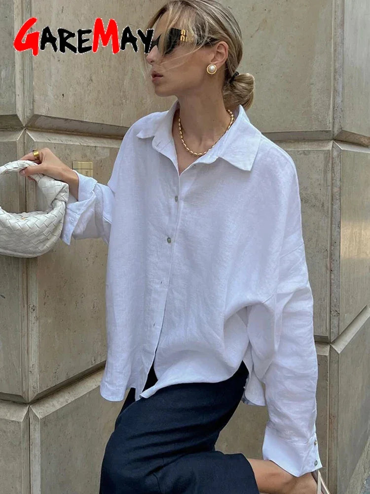 Chemise en lin à manches longues pour femmes, chemisier surdimensionné, col haut basique, coton, élégant, rose, vintage, printemps