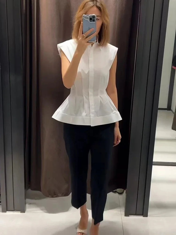 Chemisier plissé chic et élégant pour femme, sans manches, col rabattu, simple boutonnage, nouvelle collection été
