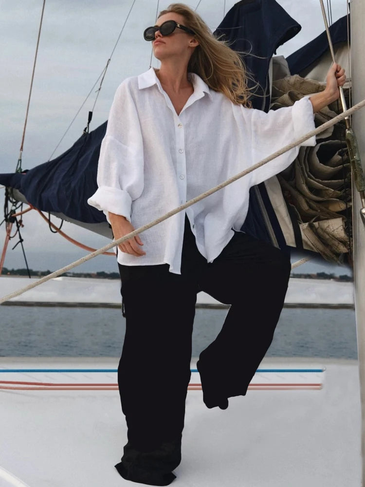 Chemise en lin à manches longues pour femmes, chemisier surdimensionné, col haut basique, coton, élégant, rose, vintage, printemps