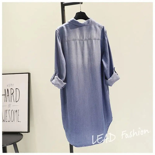 Chemise mi-longue contenant du coton pour femmes, vêtements à la mode, coupe ample, manches longues, Double poche, manches roulées, chemisier fin