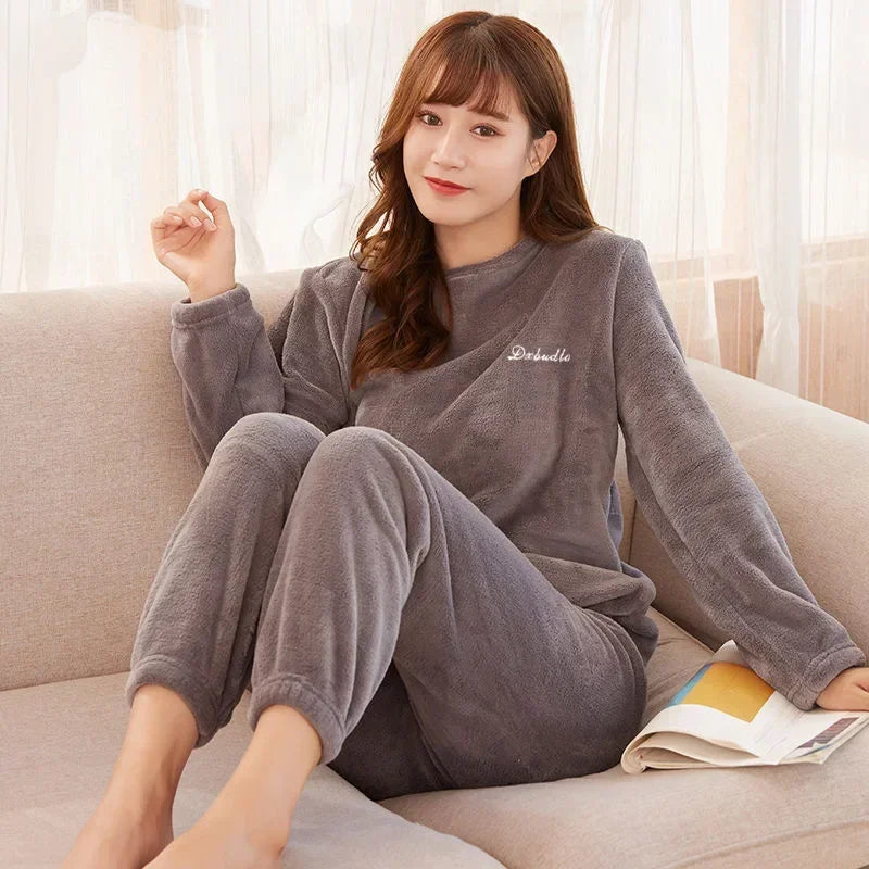 Ensemble pyjama en velours corail pour femme, pantalon chaud, ample, vêtements de maison pour l'extérieur, surdimensionné, automne et hiver