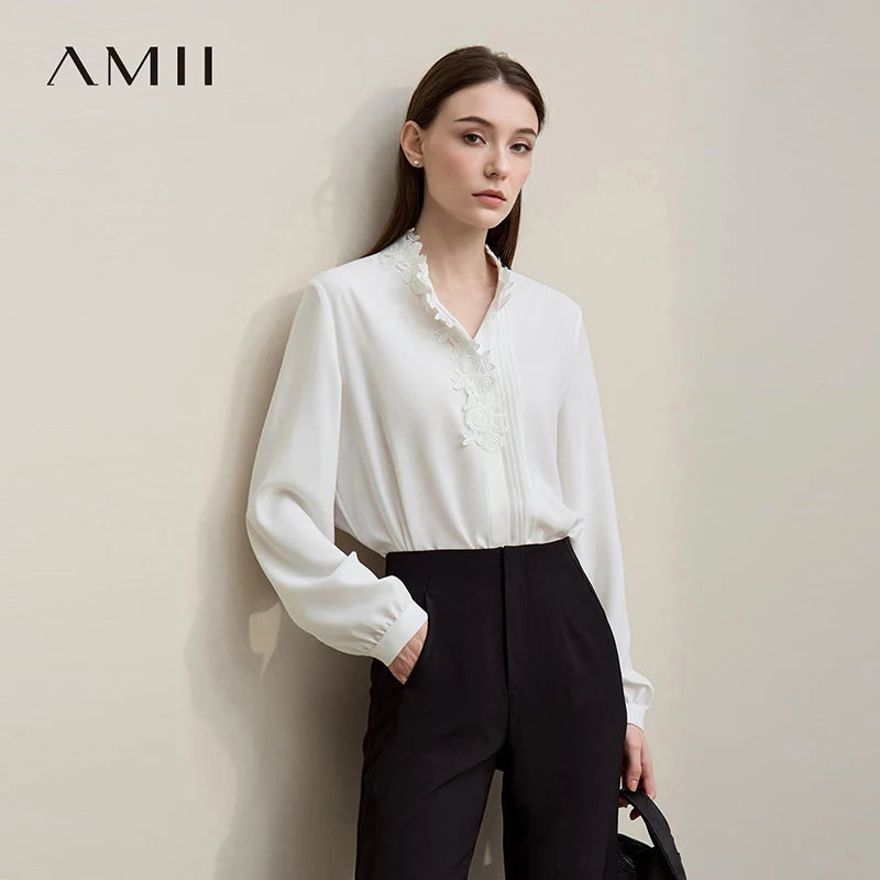 Chemisier Amii en Chiffon 2026 Nouvelle Collection Automne – Blouse Élégante Plissée à Dentelle pour Femme, Boutons Cachés, Style Commuter 12641075