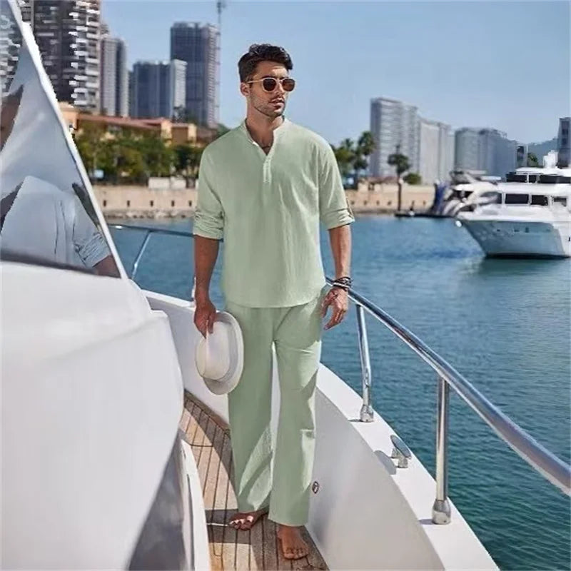 Ensemble Homme Style Yacht – Col Montant, Haut & Pantalon Ample
