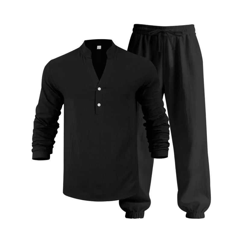 Ensemble américain en lin ample pour hommes, chemise hawaïenne fine Henry, pantalon à manches longues, pour les déplacements domicile, automne
