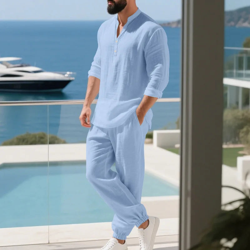 Ensemble américain en lin ample pour hommes, chemise hawaïenne fine Henry, pantalon à manches longues, pour les déplacements domicile, automne