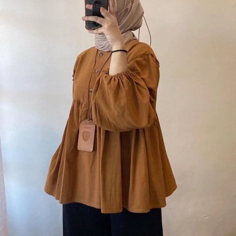Chemisier musulman femmes automne haut plis chemise simple boutonnage Eid Maroc dubaï Maroc femme Blouses modeste décontracté hauts Ramadan