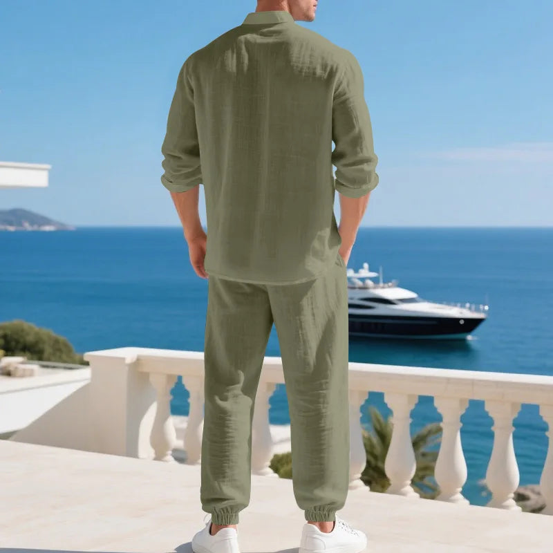 Ensemble américain en lin ample pour hommes, chemise hawaïenne fine Henry, pantalon à manches longues, pour les déplacements domicile, automne