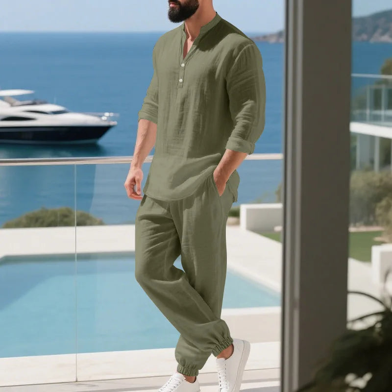 Ensemble américain en lin ample pour hommes, chemise hawaïenne fine Henry, pantalon à manches longues, pour les déplacements domicile, automne