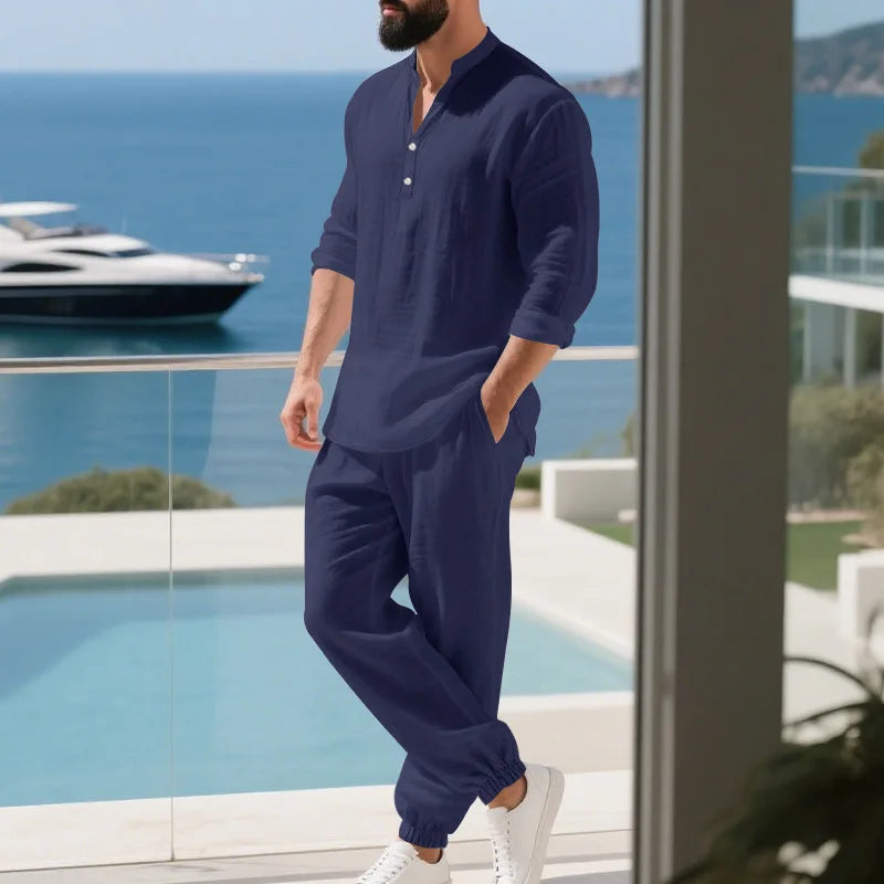 Ensemble américain en lin ample pour hommes, chemise hawaïenne fine Henry, pantalon à manches longues, pour les déplacements domicile, automne