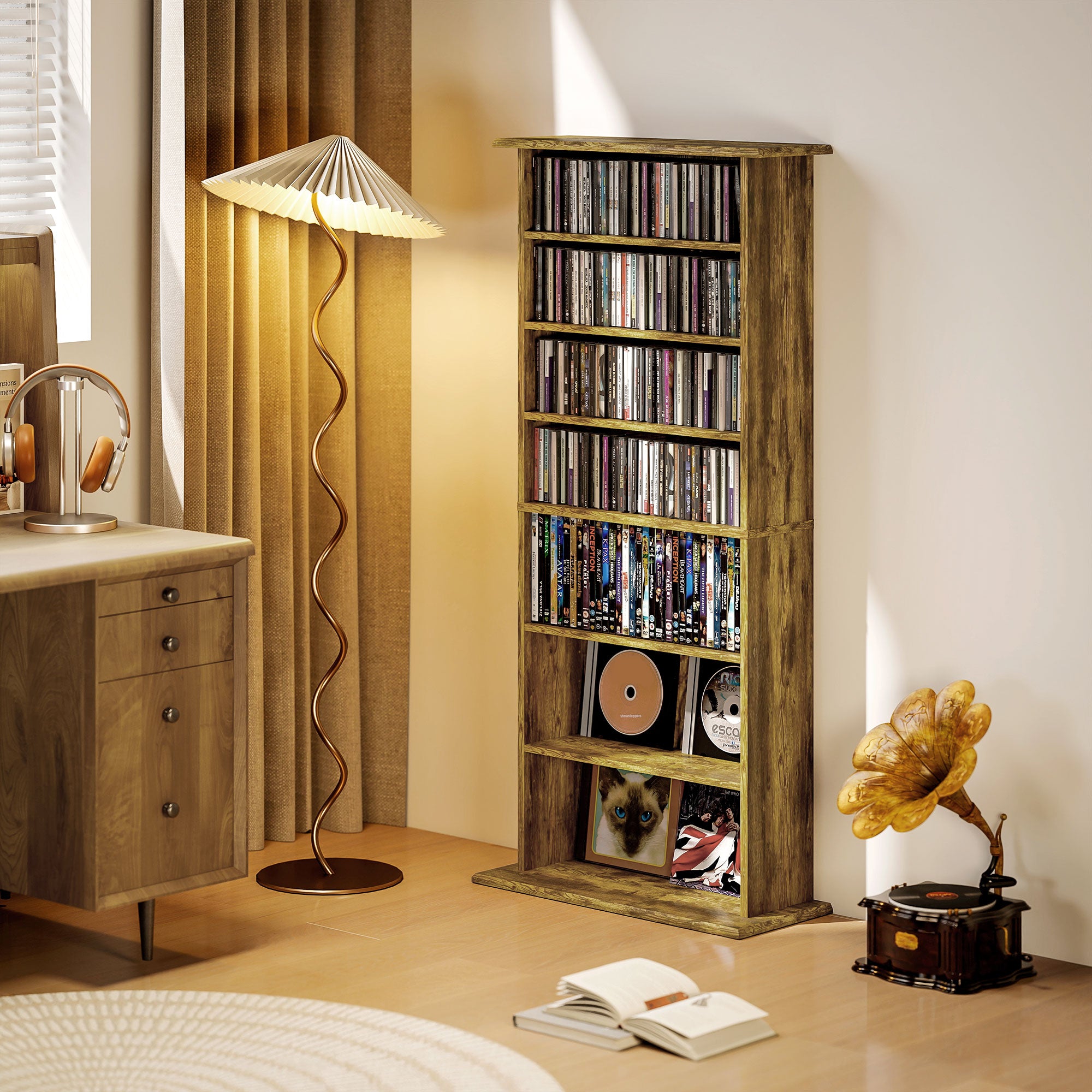 Rangements pour CD et DVD avec 8 compartiments et 6 étagères réglables, capacité max. 360 CD/185 DVD et Blu-ray, marron