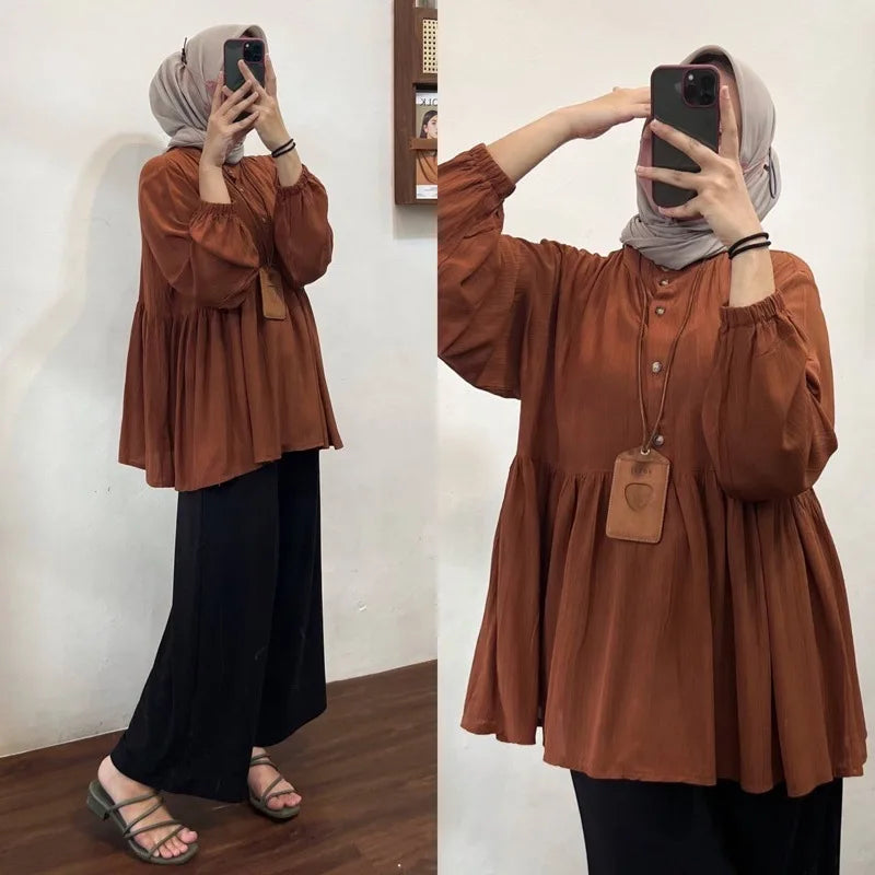 Chemisier musulman femmes automne haut plis chemise simple boutonnage Eid Maroc dubaï Maroc femme Blouses modeste décontracté hauts Ramadan