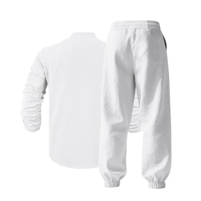 Ensemble américain en lin ample pour hommes, chemise hawaïenne fine Henry, pantalon à manches longues, pour les déplacements domicile, automne