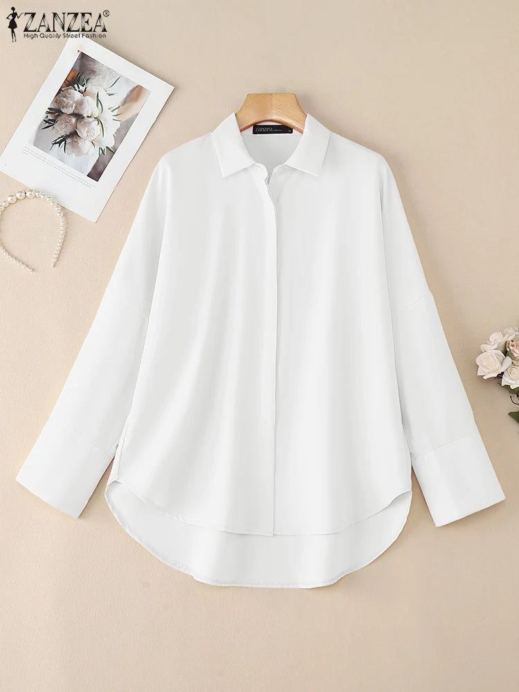 ZANZEA Chemisier blanc oversize pour femme, col rabattu, manches longues, boutonné, coupe asymétrique, couleur unie, collection automne 2026, style streetwear