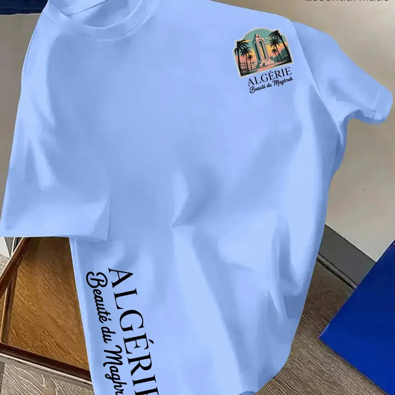 T-shirt algérien 100 % coton pour homme 2026 – Motif urbain nord-africain simple, col rond décontracté, manches courtes, style streetwear